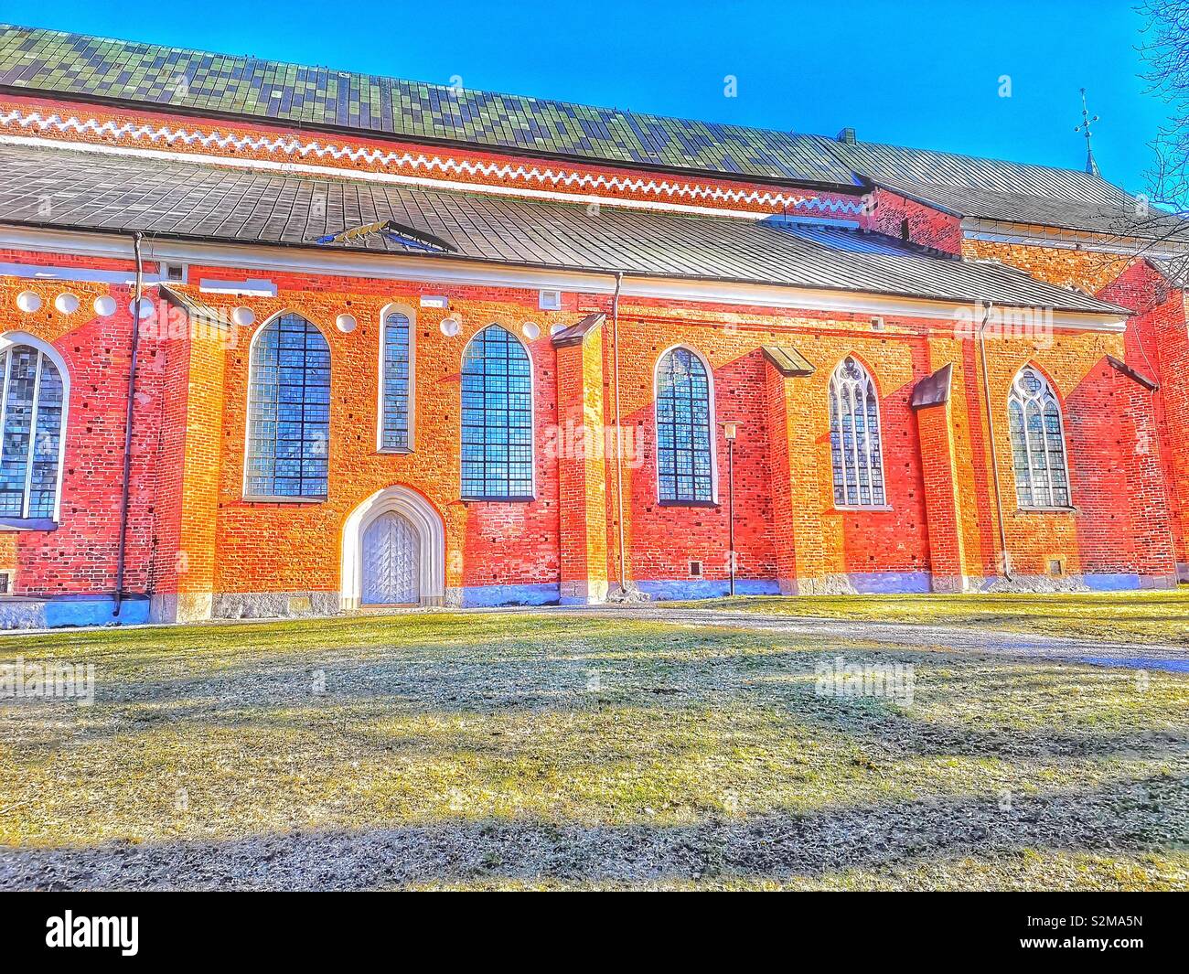 Rangée de vitraux, Cathédrale de Strängnäs, Sodermanland County, Suède, Scandinavie Banque D'Images