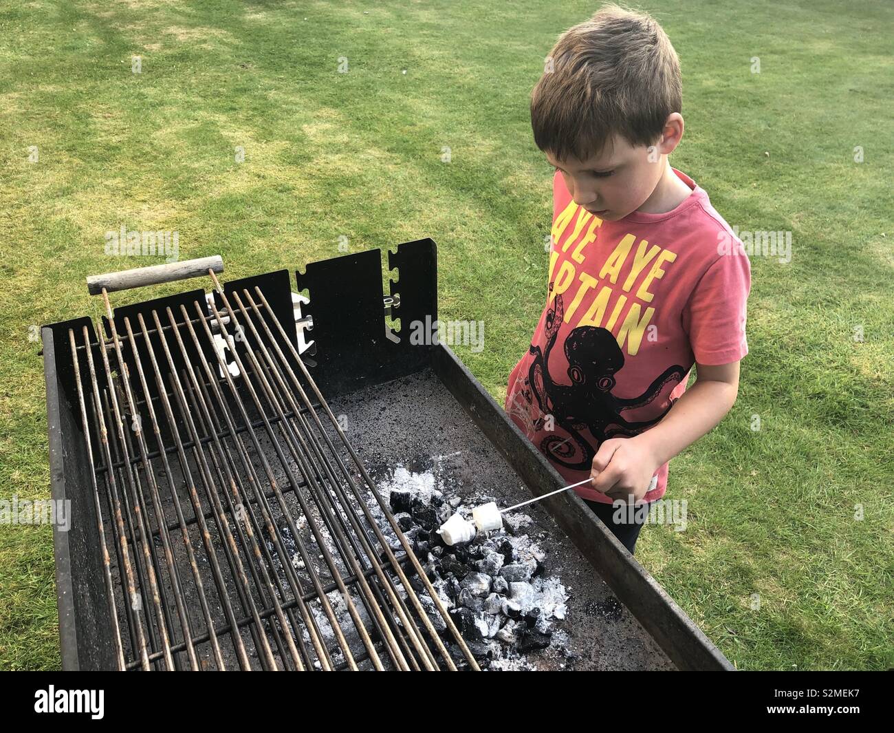 Jeune garçon sa cuisson des guimauves sur un barbecue, UK Banque D'Images