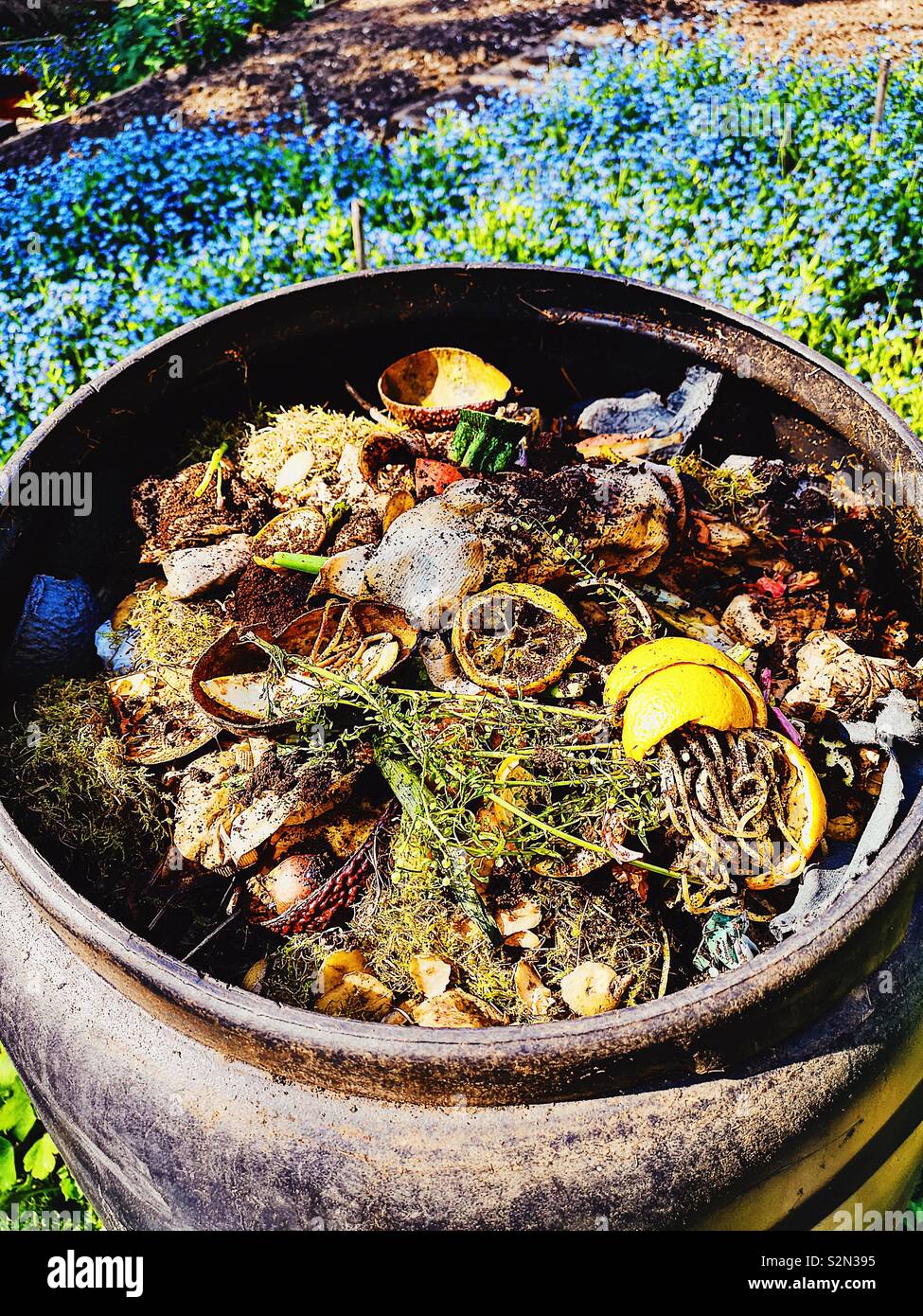 Jardin bac à compost avec les déchets de cuisine et de nourriture pourrie matière vue d'en haut - Image de stock capturée avec un smartphone