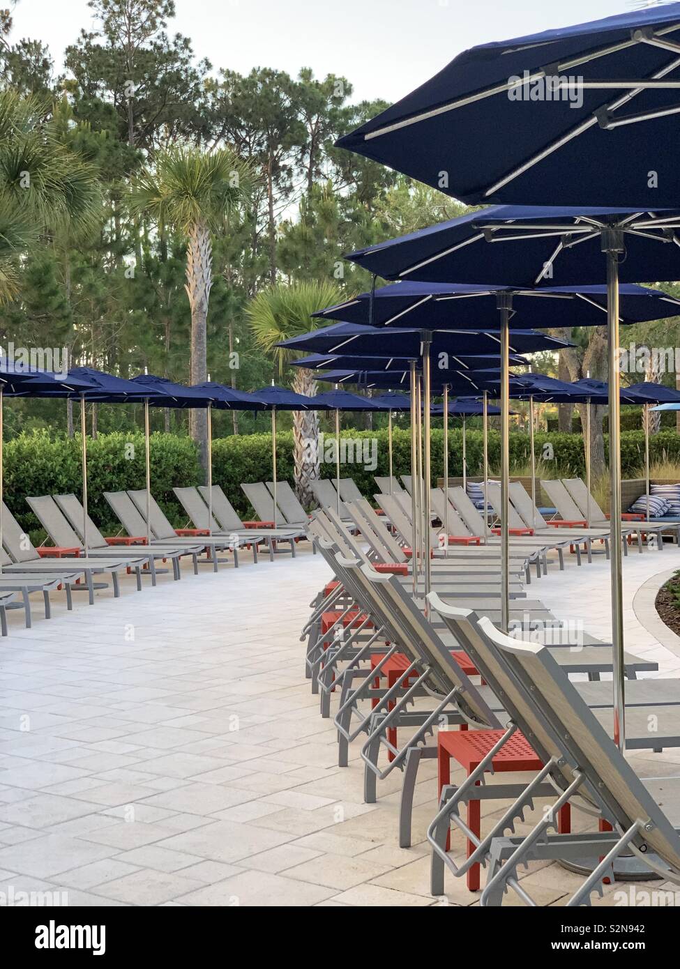 Chemin de ronde avec des chaises longues avec parasols bleus, les plantes tropicales et arbres Banque D'Images