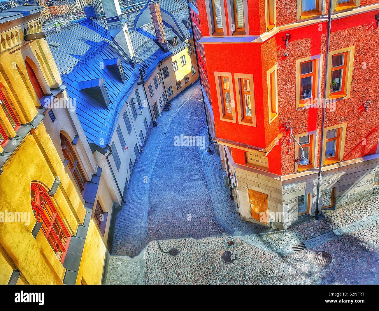 High angle shot of coin de rue pavée, Södermalm, à Stockholm, Suède, Scandinavie Banque D'Images
