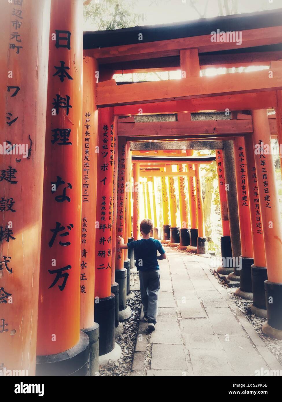 Un garçon marche à travers les portes de Tori au Sanctuaire Fushimi Inari Banque D'Images