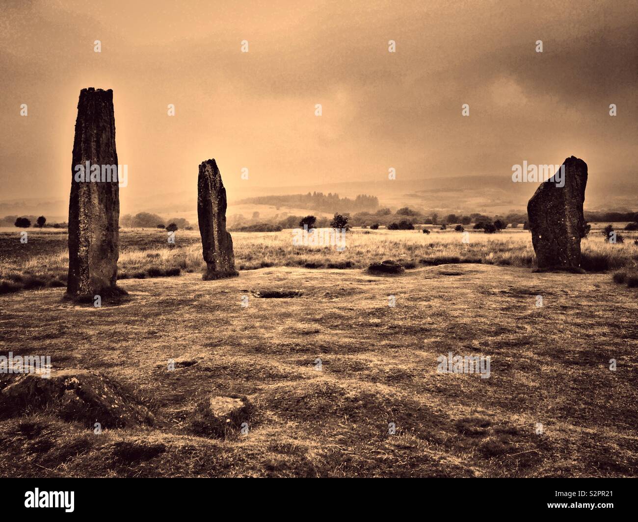 Machrie Moor Stone Circles, Arran - avec effet vintage. Banque D'Images