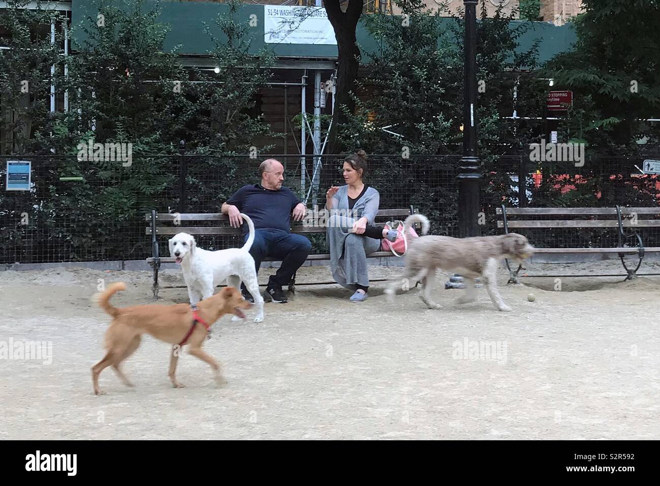 Le comédien Louis CK et son chien blanc avec une femme non identifiée à la George's chien courir à Washington Square Park, à New York. Banque D'Images
