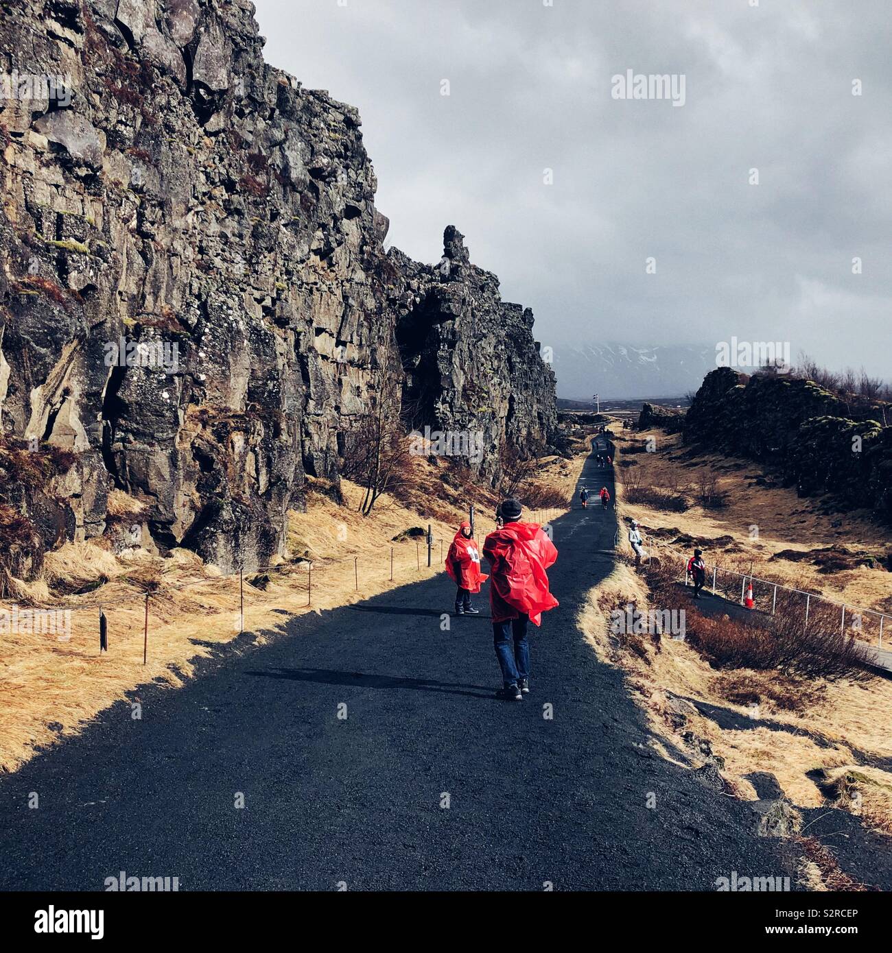 Les touristes à pied dans la vallée du rift et de l'Amérique du Nord entre les plaques tectoniques eurasienne, en Islande, Þingvellir Banque D'Images