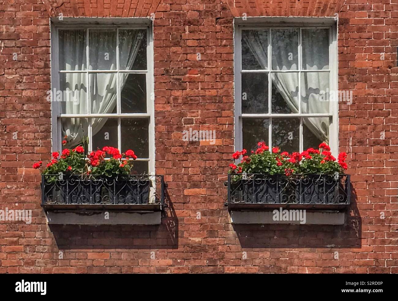 La symétrie dans une paire de fenêtres avec les boîtes à fleurs. Banque D'Images