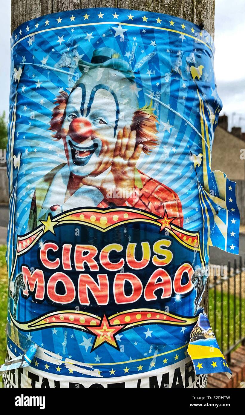 Tattered Circus Mondeo affiche sur un poteau télégraphique Banque D'Images