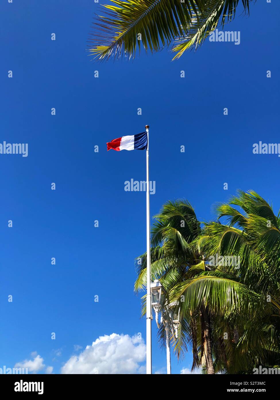 Le drapeau tricolore français volant au-dessus de Papeete, Tahiti, Polynésie française. La Polynésie française est un pays d'outre-mer ou la collectivité de France, et ses citoyens détiennent un passeport français. - Image de stock capturée avec un smartphone
