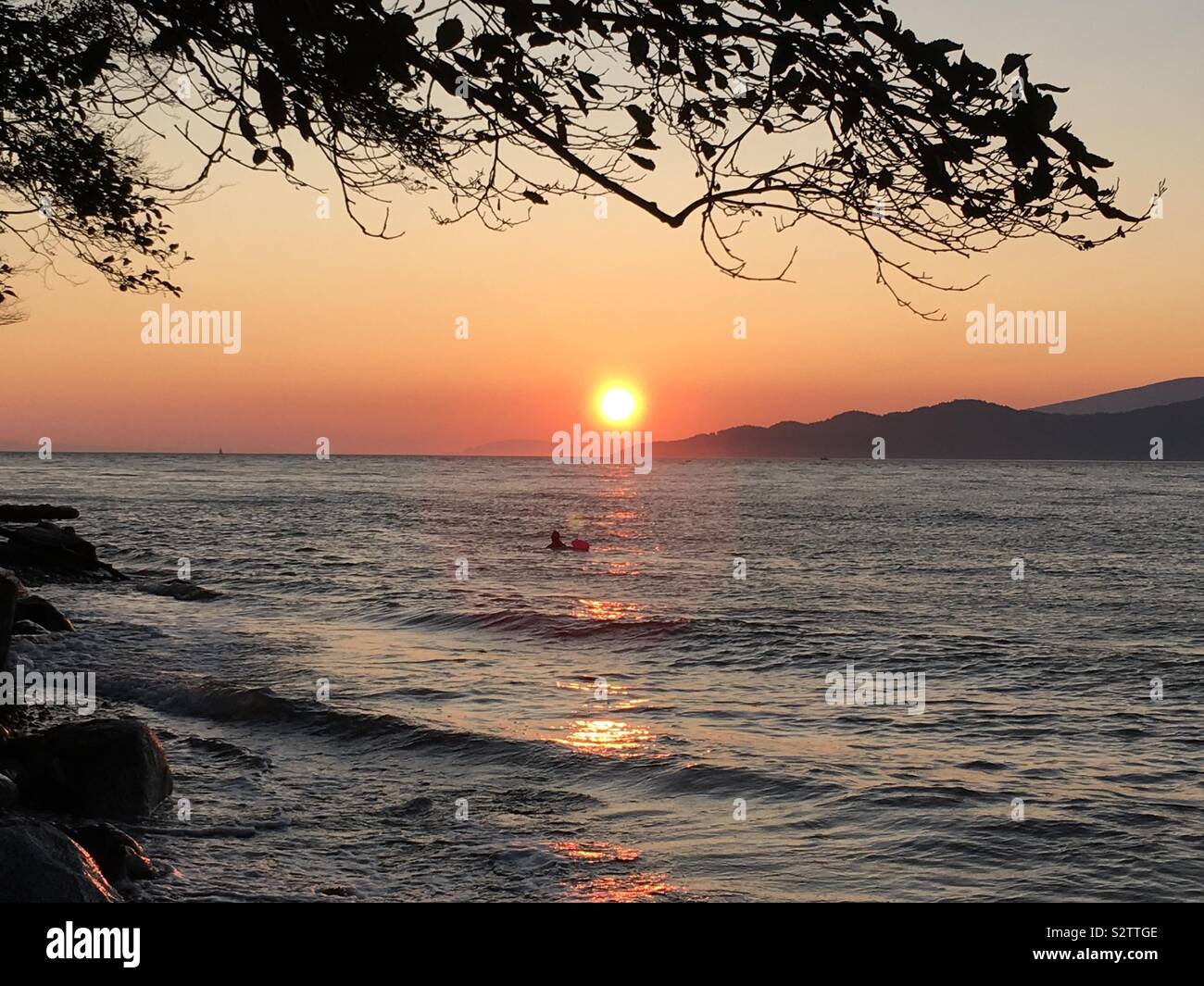 Coucher de soleil sur l'île de Vancouver vu de "Spirit" Regional Park, Vancouver, Colombie-Britannique, Canada. Banque D'Images