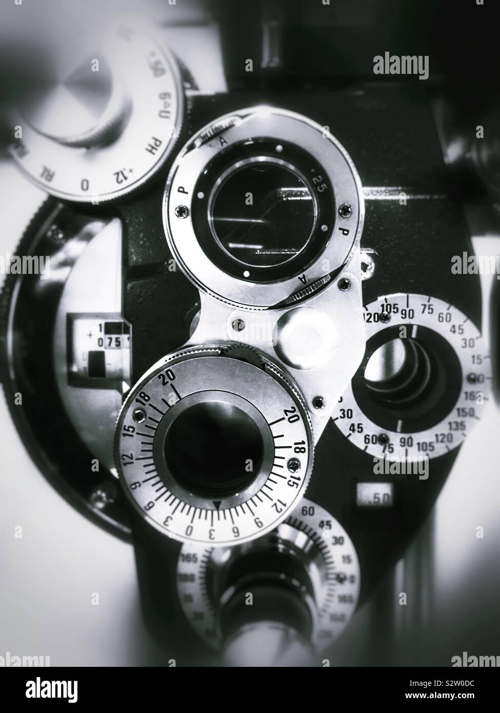 Close up de l'équipement Examen de la vue en noir et blanc Banque D'Images