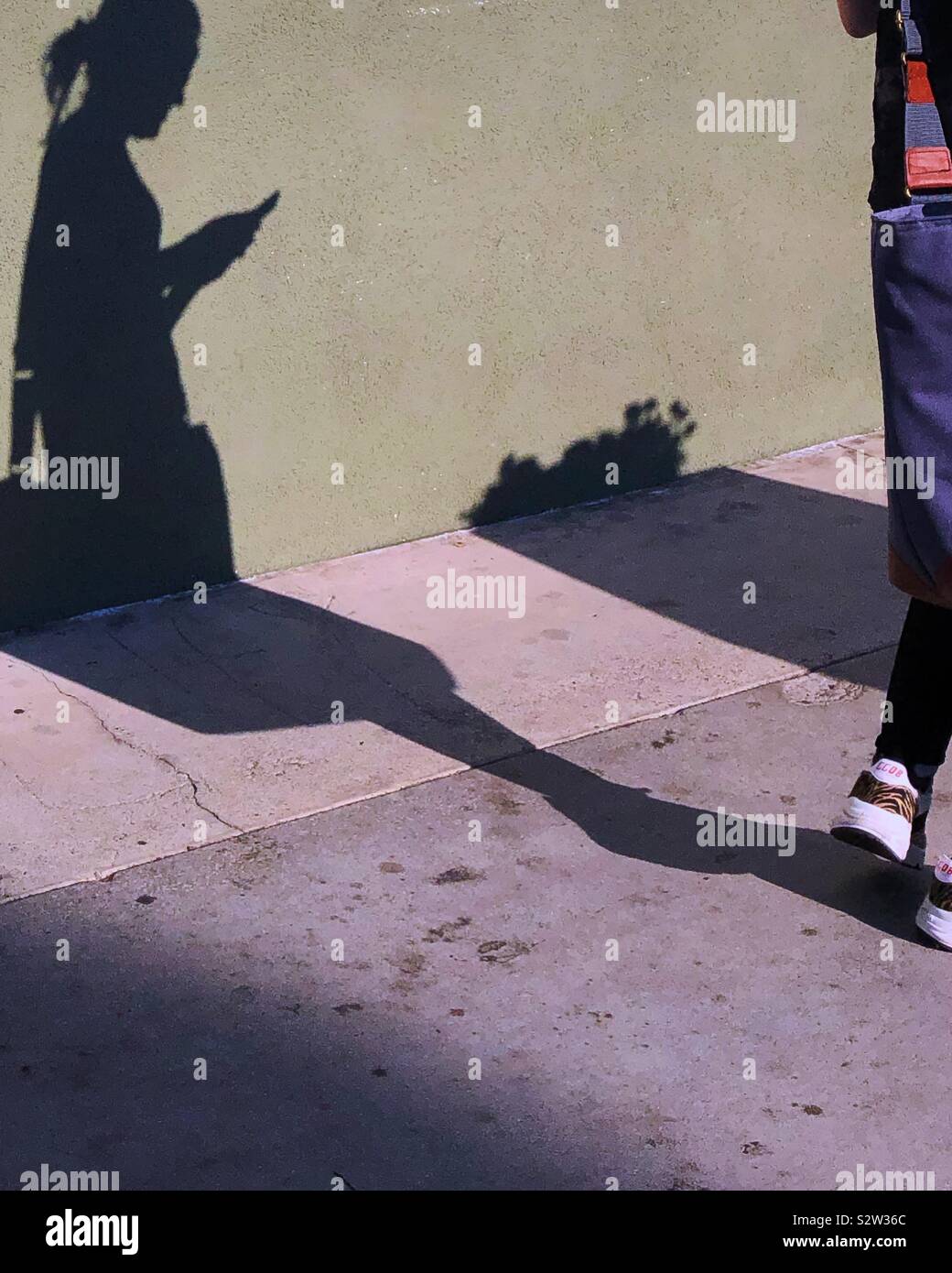 La marche en avant de moi, l'ombre d'une femme regarde son portable. Banque D'Images