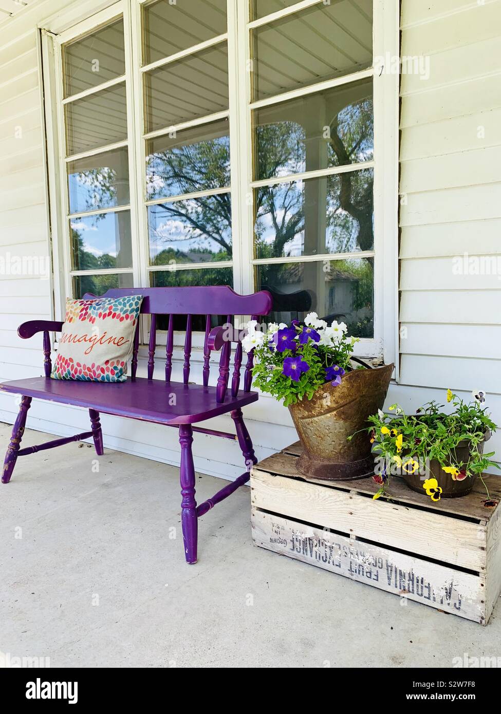 Banc violet et pétunia dans l'été sur un porche pays Banque D'Images