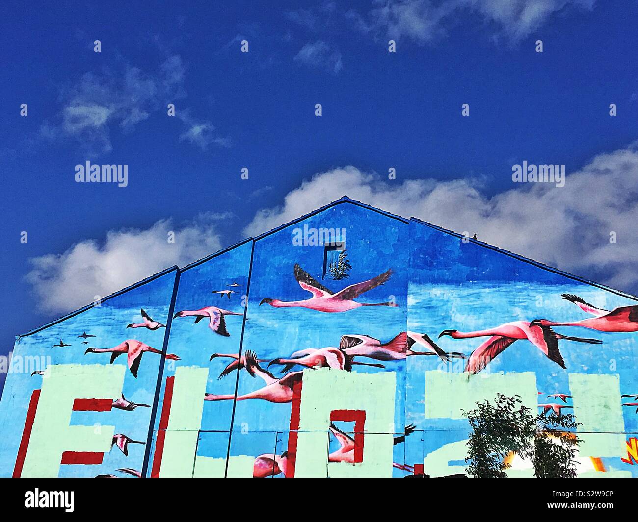 Bâtiment bleu de graffitis sur contre ciel bleu. Triangle Baltes Liverpool Banque D'Images
