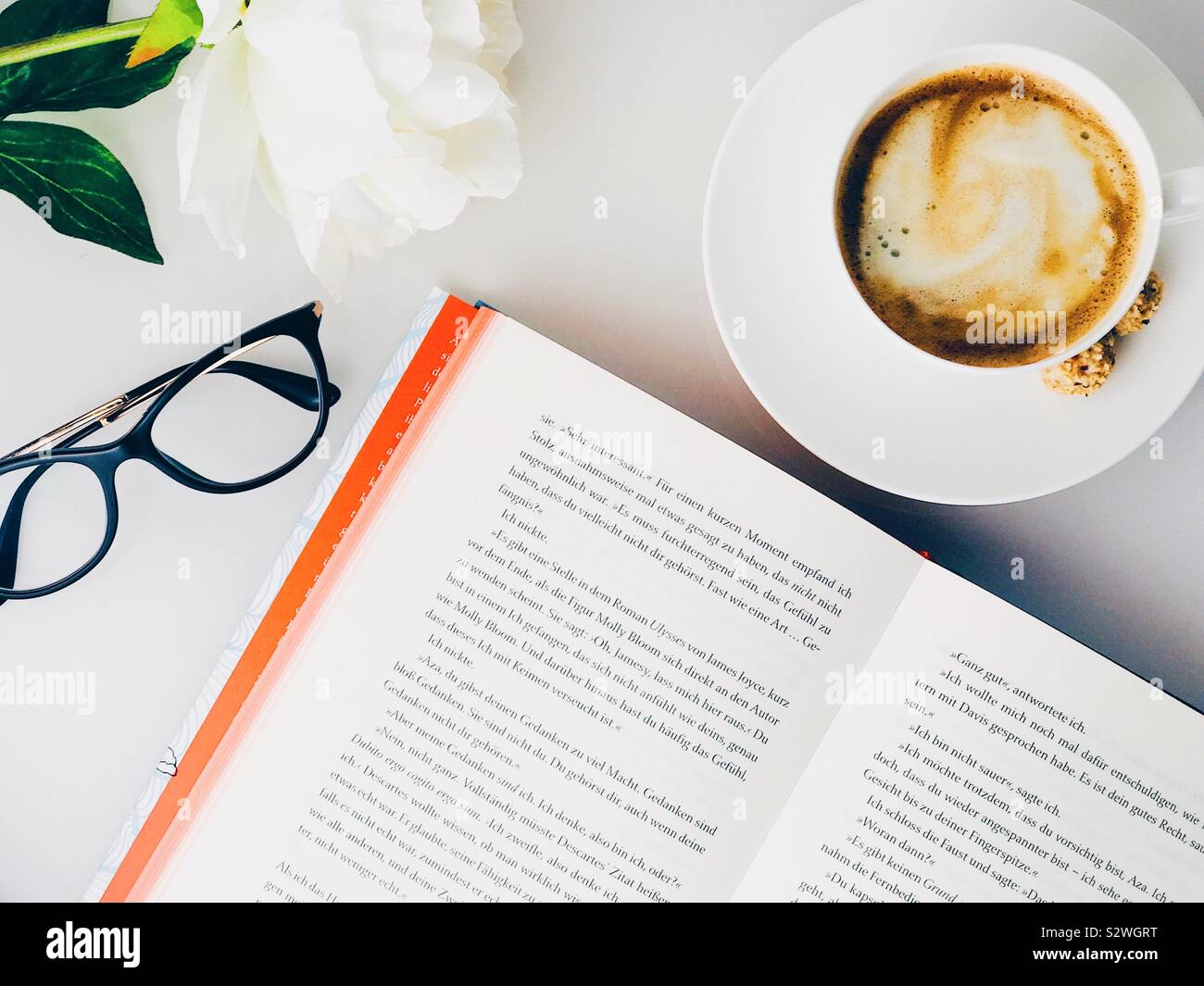 Flatlay d'un livre ouvert avec des fleurs blanches, du cappuccino et des lunettes noires Banque D'Images