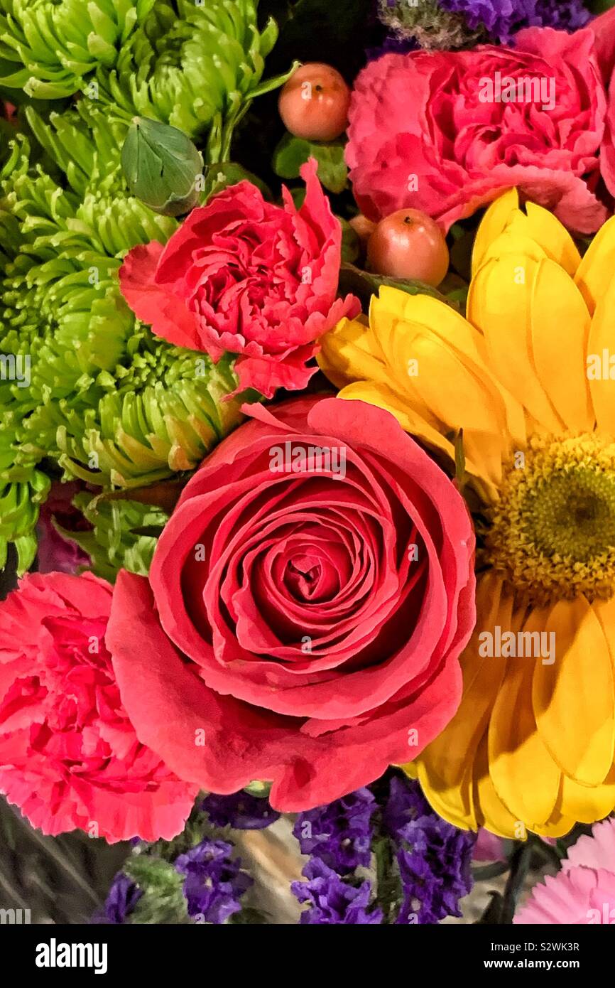 Bouquet de fleurs magnifiques y compris des roses rouges, des chrysanthèmes marguerites jaunes, verts. - Image de stock capturée avec un smartphone