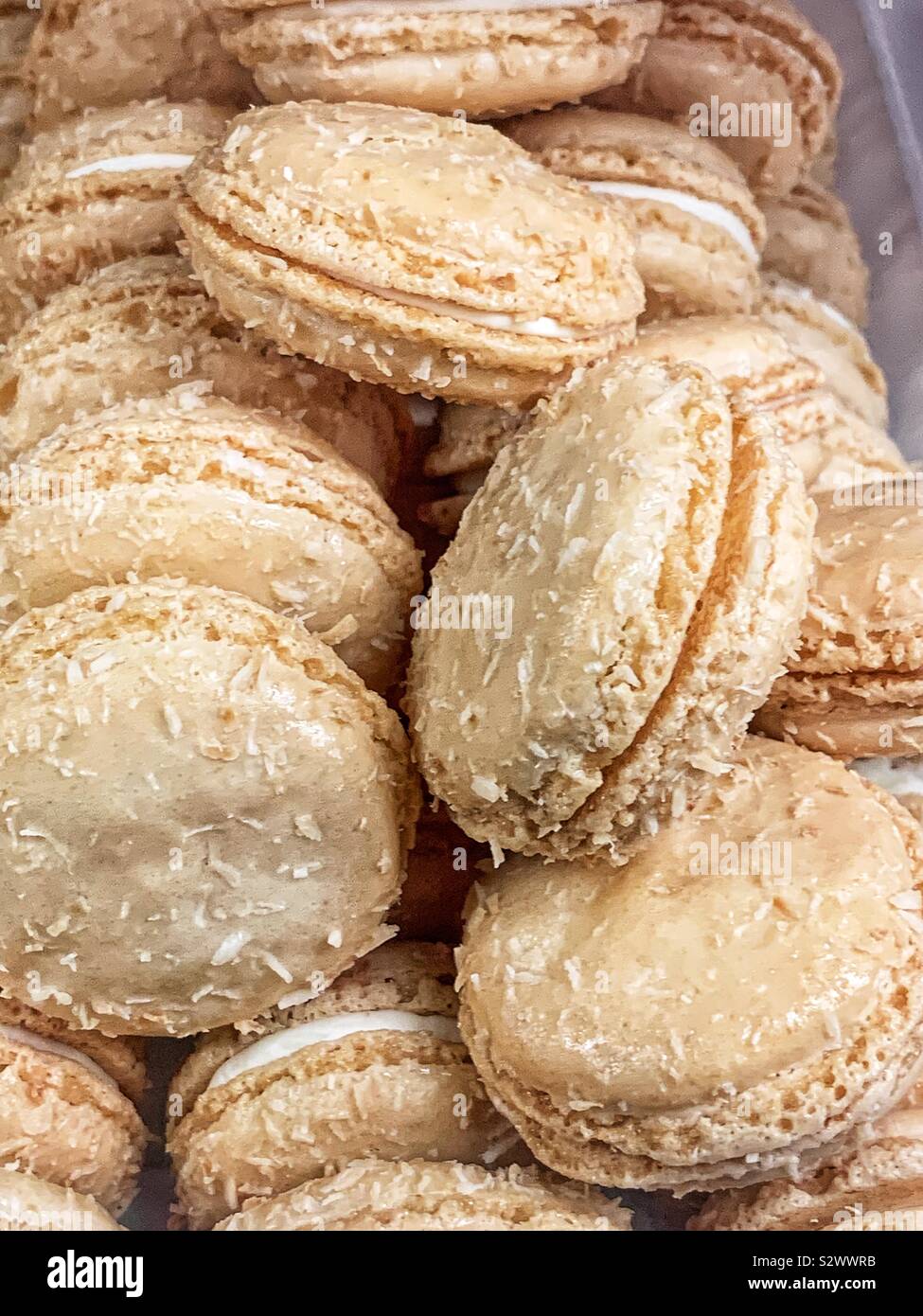 Délicieux macarons noix de coco grillée frais savoureux biscuits sandwich. Banque D'Images