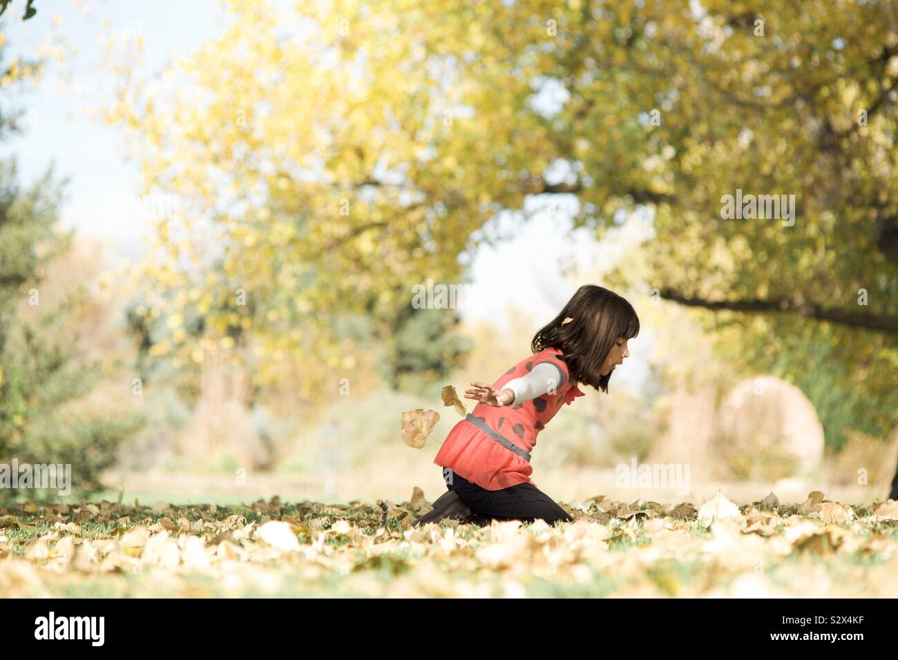 Fille jouant avec les feuilles d'automne Banque D'Images