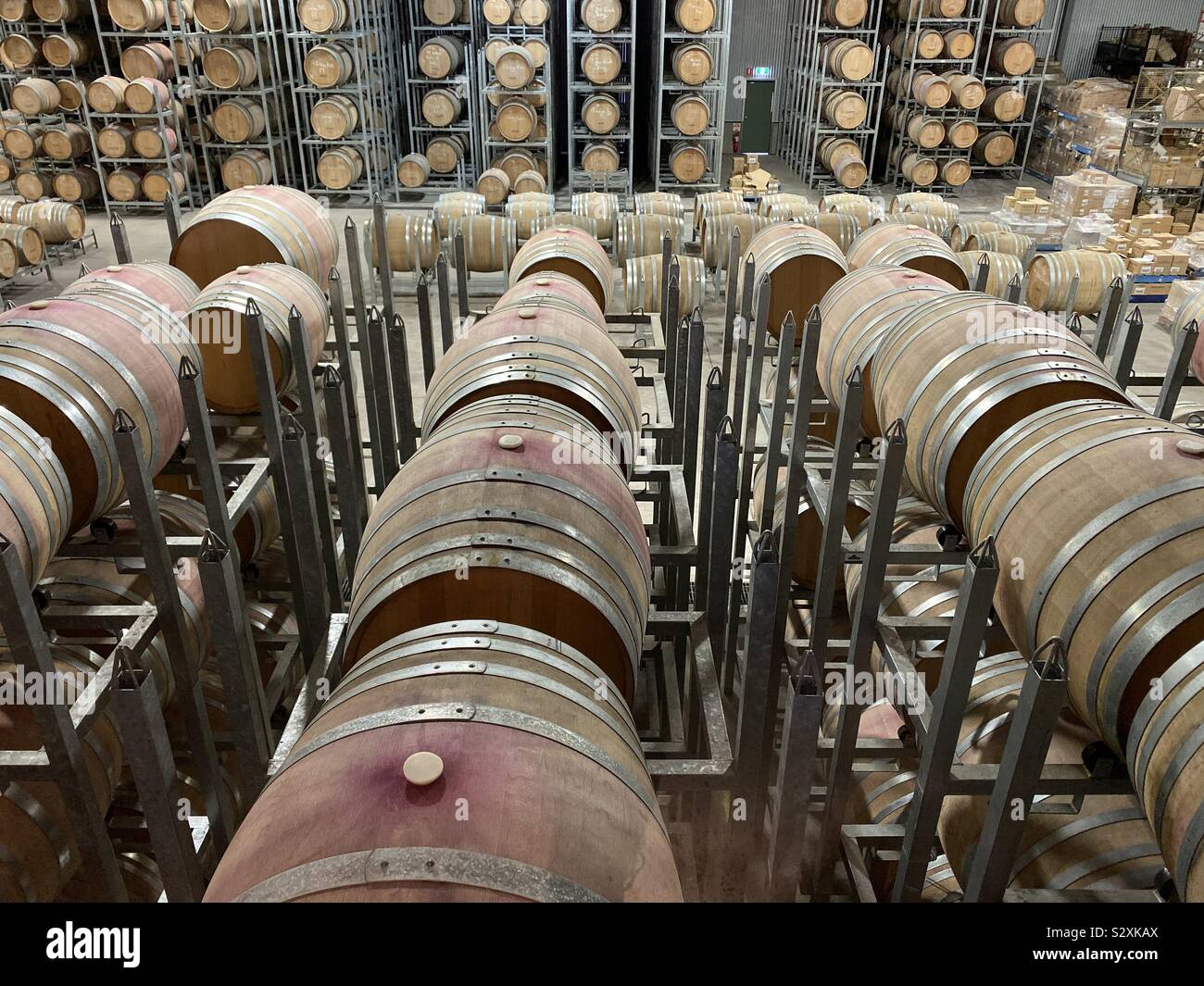 Des tonneaux de vin dans un vignoble local d'entreposage Banque D'Images