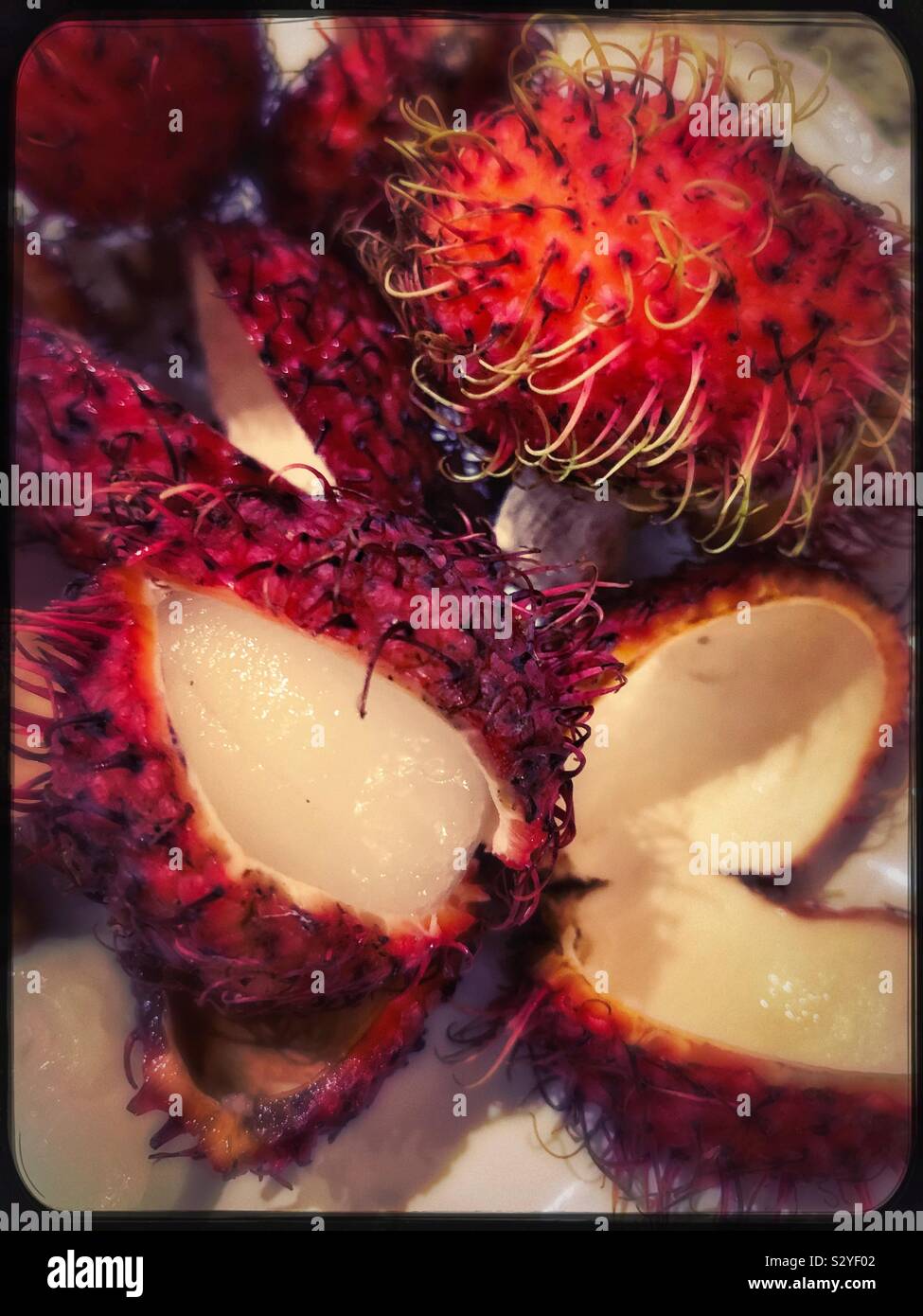 Un groupe de ramboutan rougeâtre comprend des fruits pelés et fruits non pelés poilus montrant l'extérieur et l'intérieur de ce charnue blanc doux fruit tropical. Banque D'Images