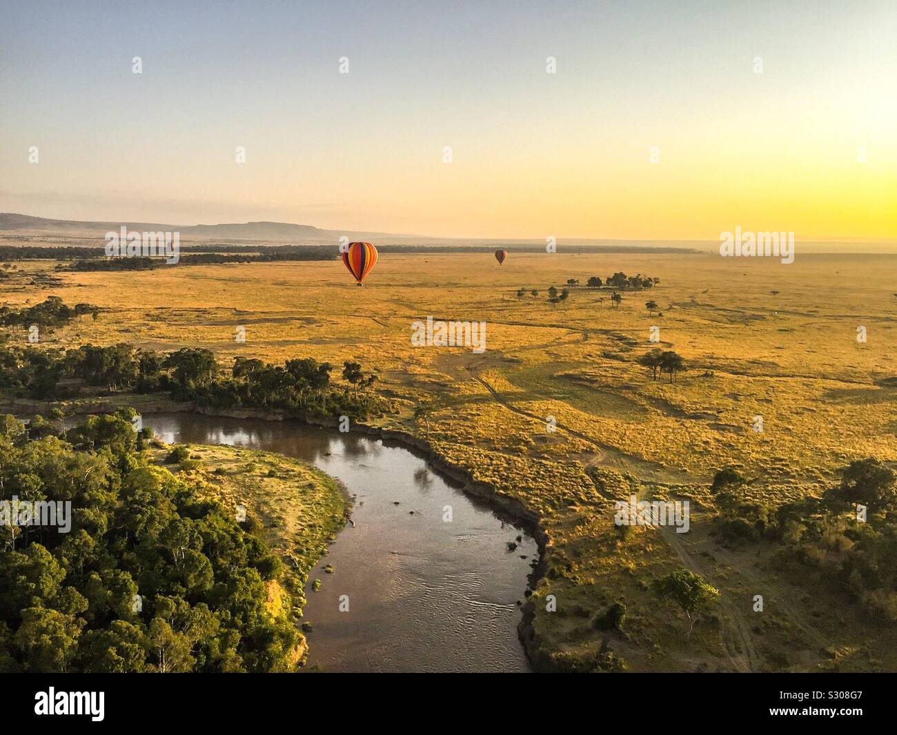 Ballon à air chaud. Vue imprenable sur le Massai Mara, Kenya Banque D'Images