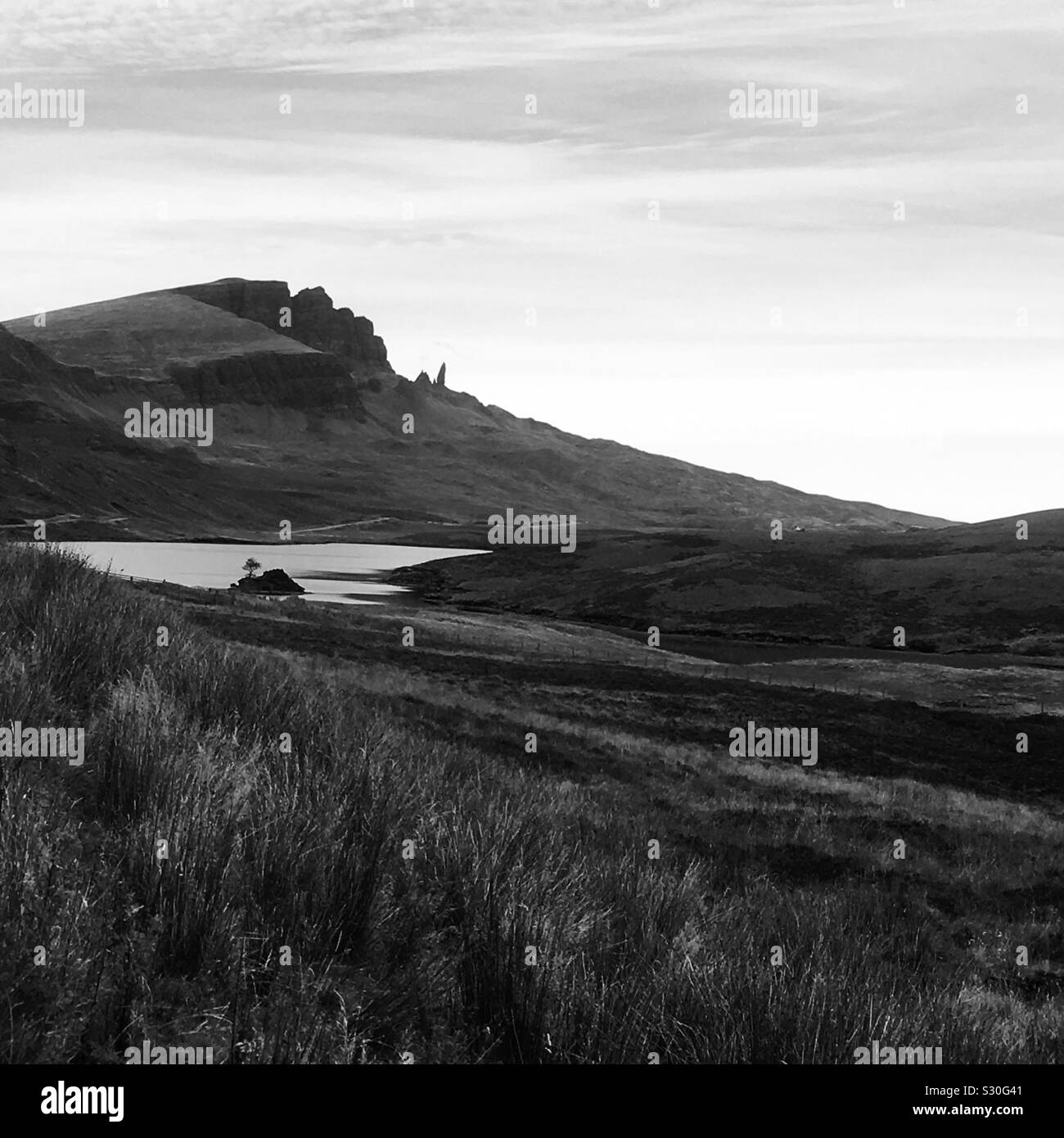 Vue monochrome du vieil homme de Storr, île de Skye Banque D'Images