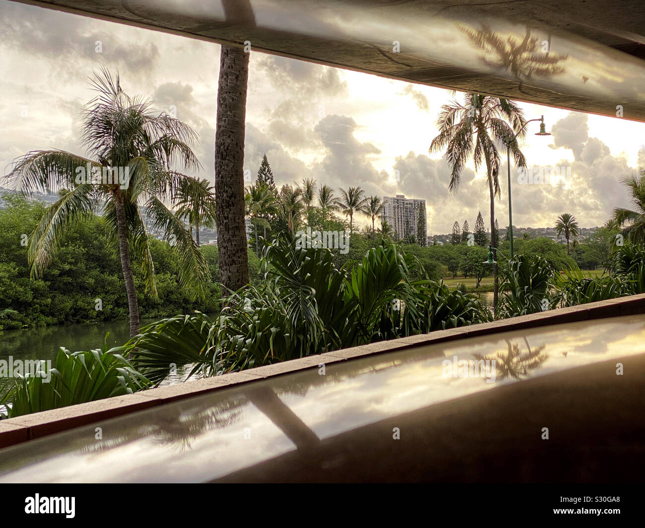 Paysage Tropical vu à travers une fenêtre obliques Banque D'Images