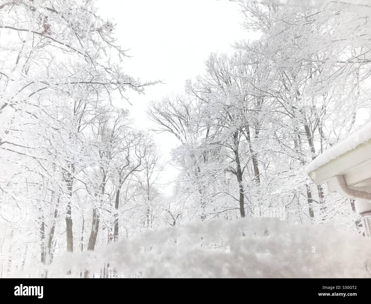 Première neige de la saison dans le nord-est américain, à travers la fenêtre - Image de stock capturée avec un smartphone