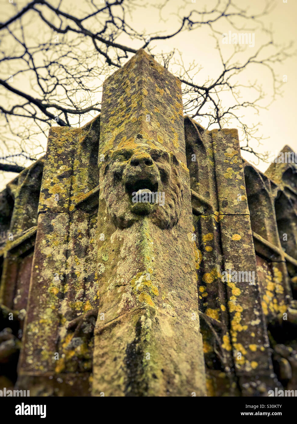 Gargoyle sculpté recouvert de lichen jaune Banque D'Images
