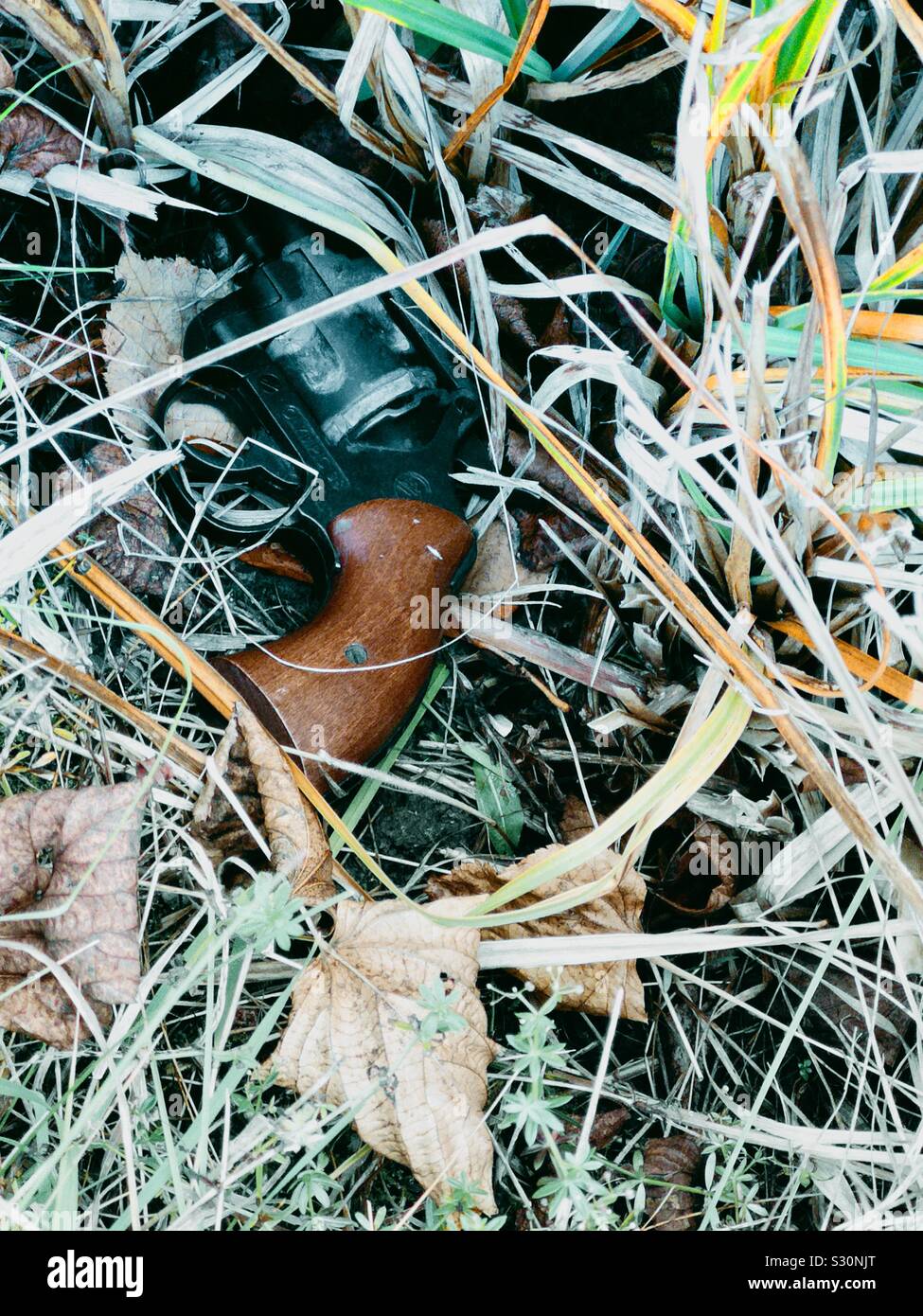 Arme pistolet revolver abandonnés dans le sous-bois - Image de stock capturée avec un smartphone
