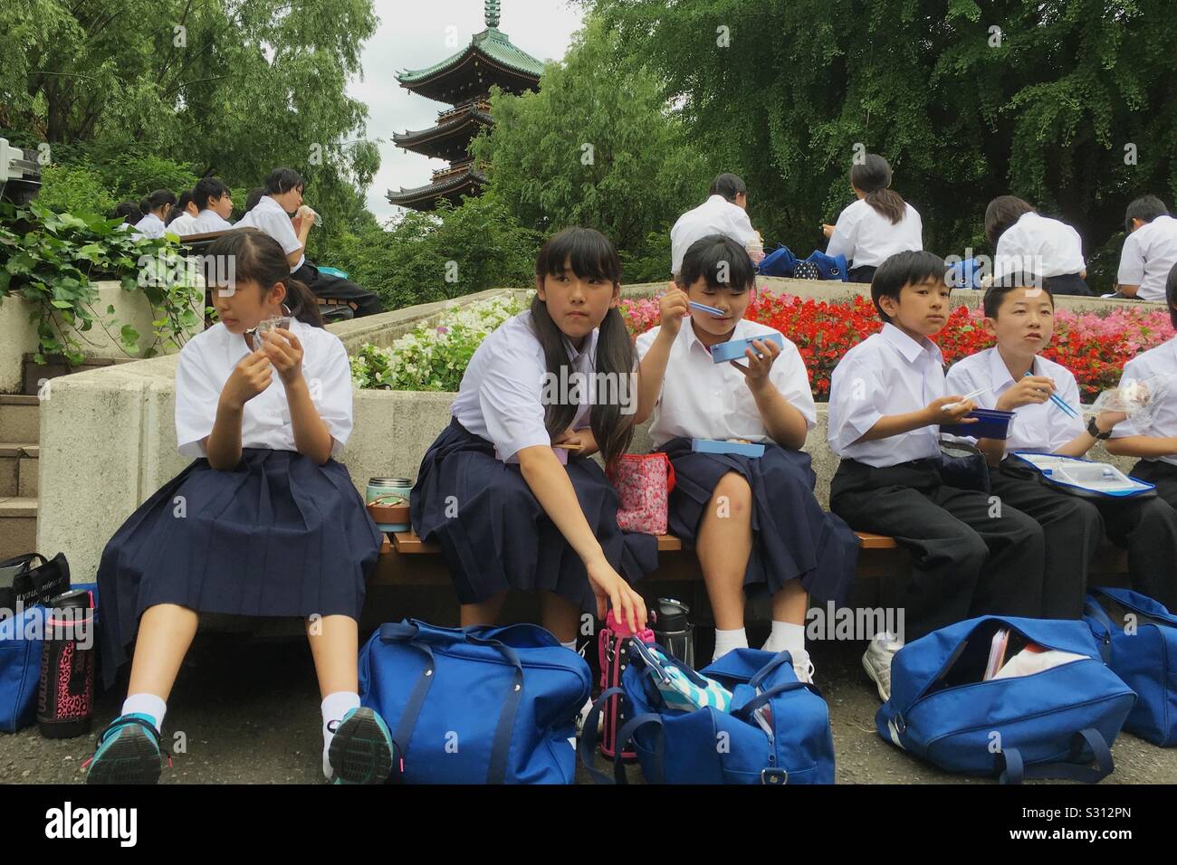 L'école japonaise les enfants mangent le déjeuner lors d'un voyage au zoo de Ueno à Tokyo, Japon. Banque D'Images