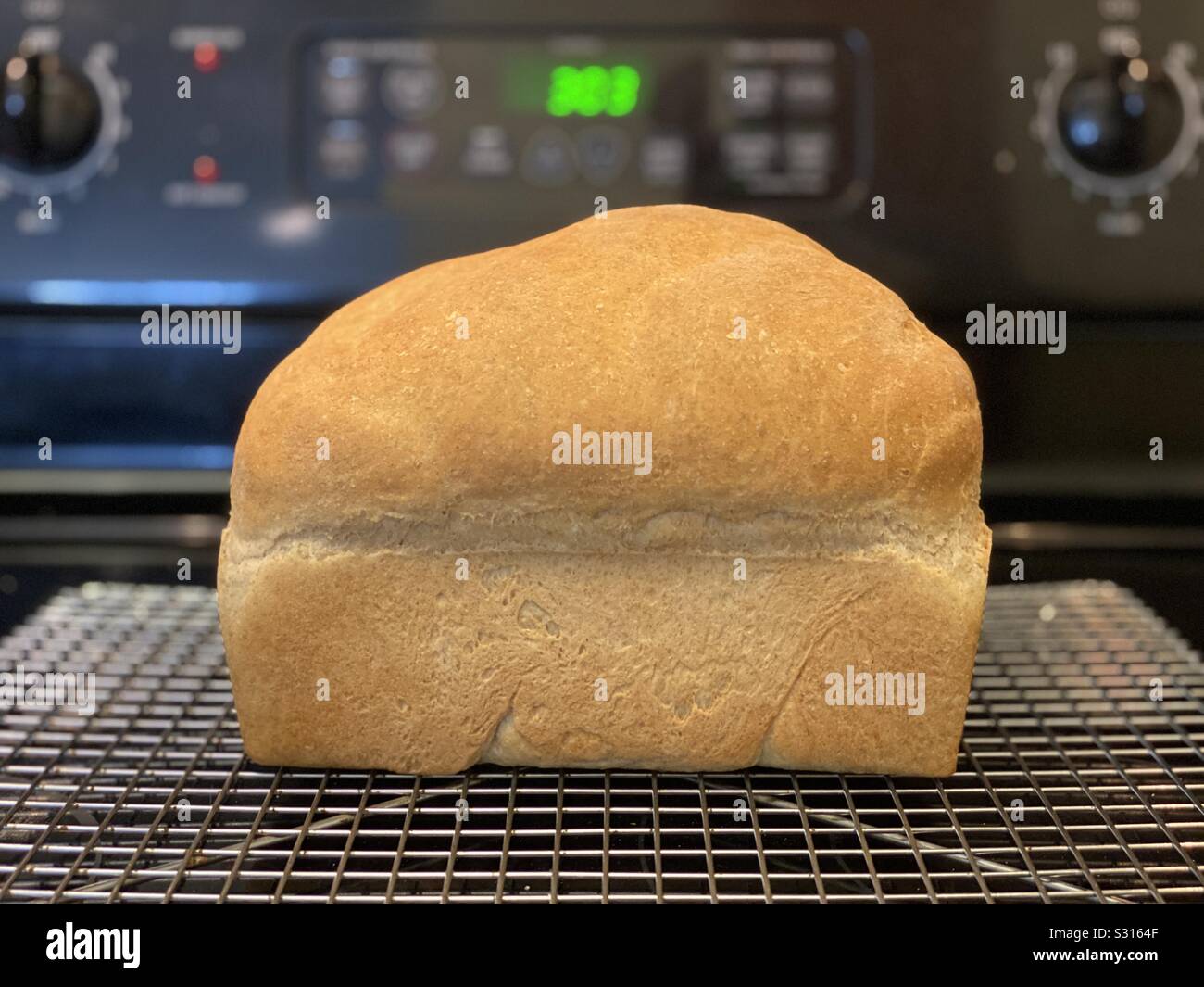 De pain chaud, du pain fait maison, frais de la cuisson au four et de refroidissement sur un rack en acier inoxydable Banque D'Images