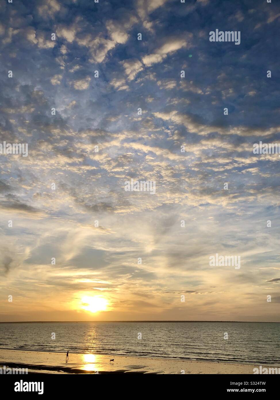 Silhouette d'une personne marchant un chien à la plage au coucher du soleil. Banque D'Images