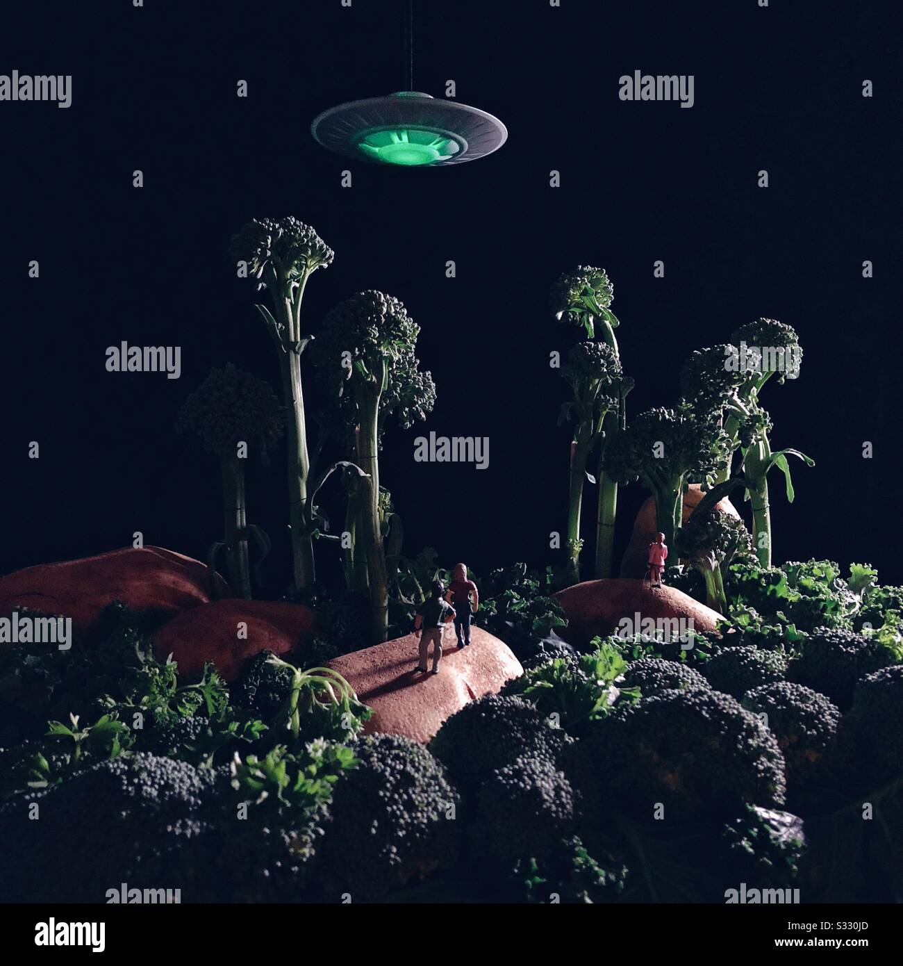 L'OVNI survole le diorama du paysage fait de légumes verts Banque D'Images