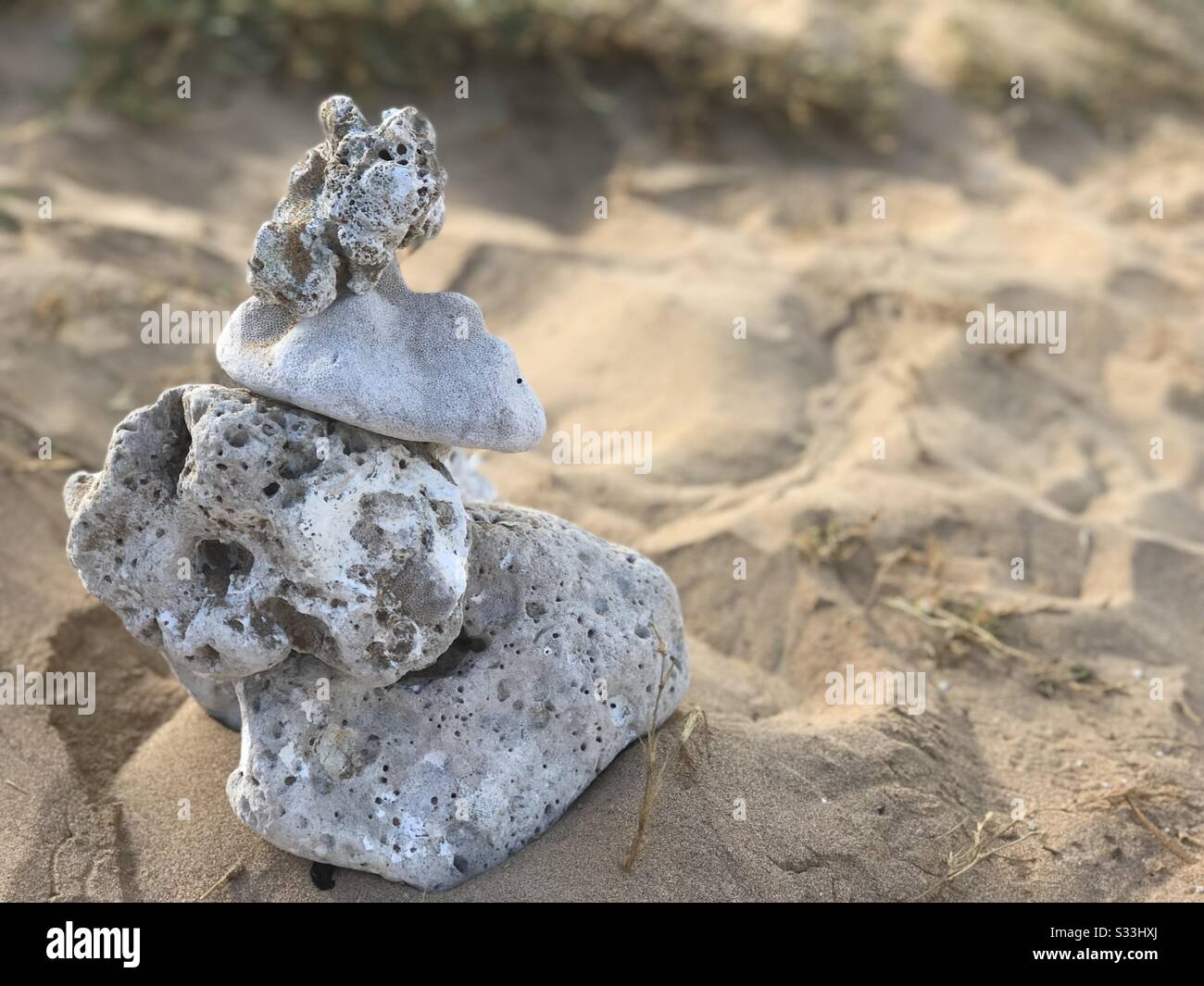 Corail empilé sur une plage de sable comme un cairn marquant un chemin Banque D'Images