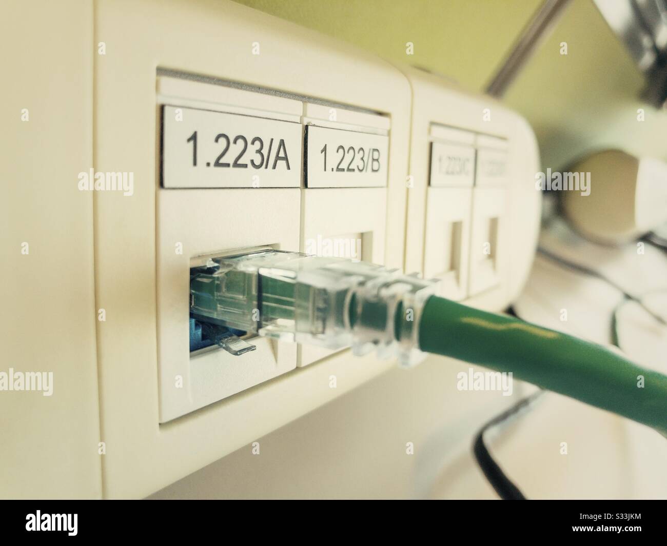 Un câble d'ordinateur Ethernet branché sur un port. Banque D'Images