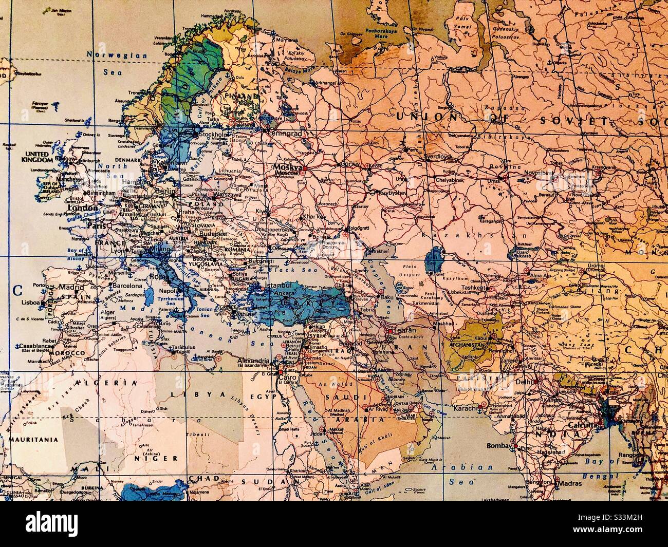 Ancienne carte de l'Europe montrant l'urss, la Yougoslavie et la Tchécoslovaquie Banque D'Images