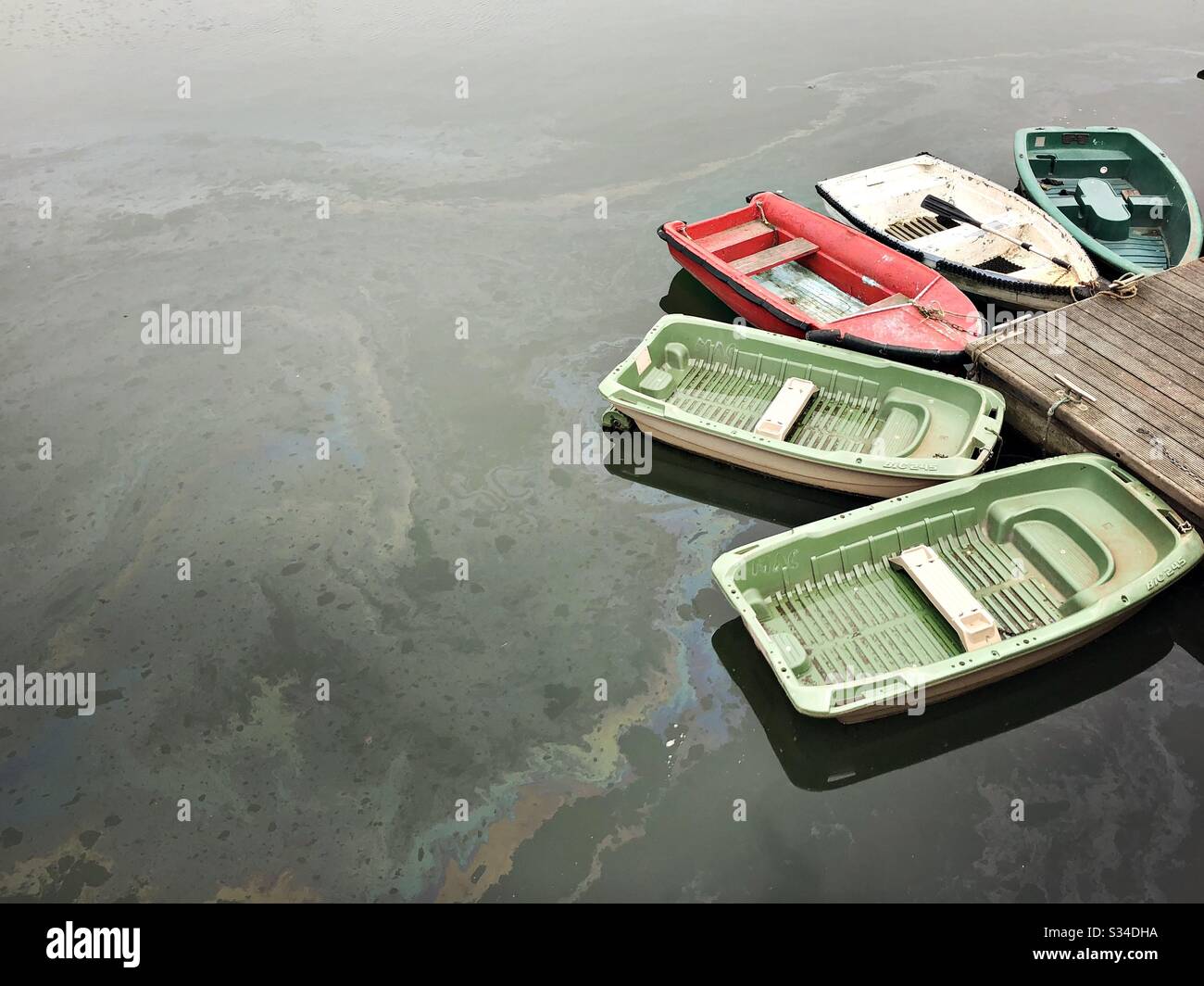 De petits dinghies en plastique sont vus amarrés sur l'eau de mer polluée dans une marina côtière. Le déversement d'huile flotte sur de l'eau trouble - Image de stock capturée avec un smartphone