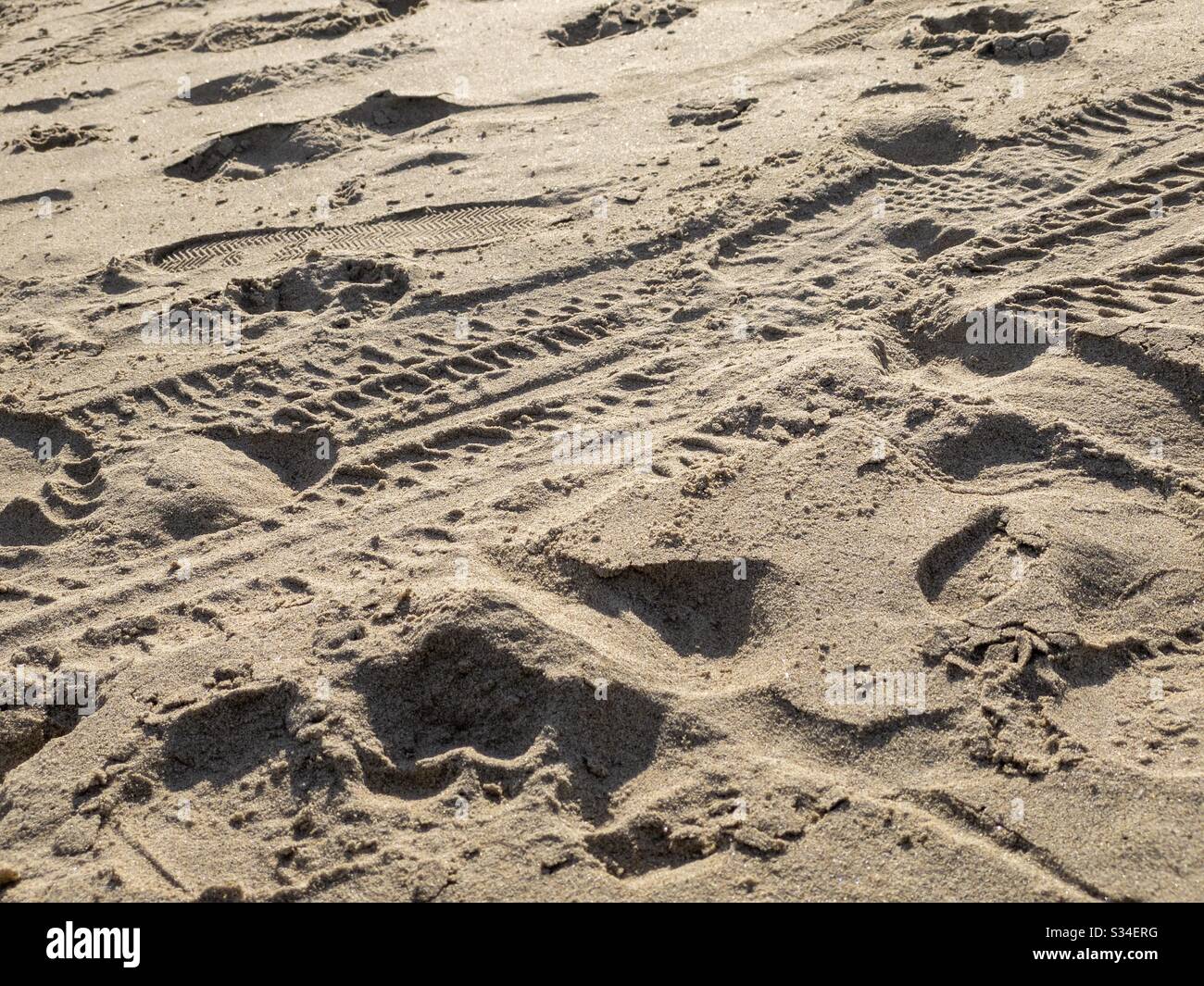 Marques de pneus et empreintes de pieds sur la plage de sable, créant un arrière-plan abstrait et texturé Banque D'Images