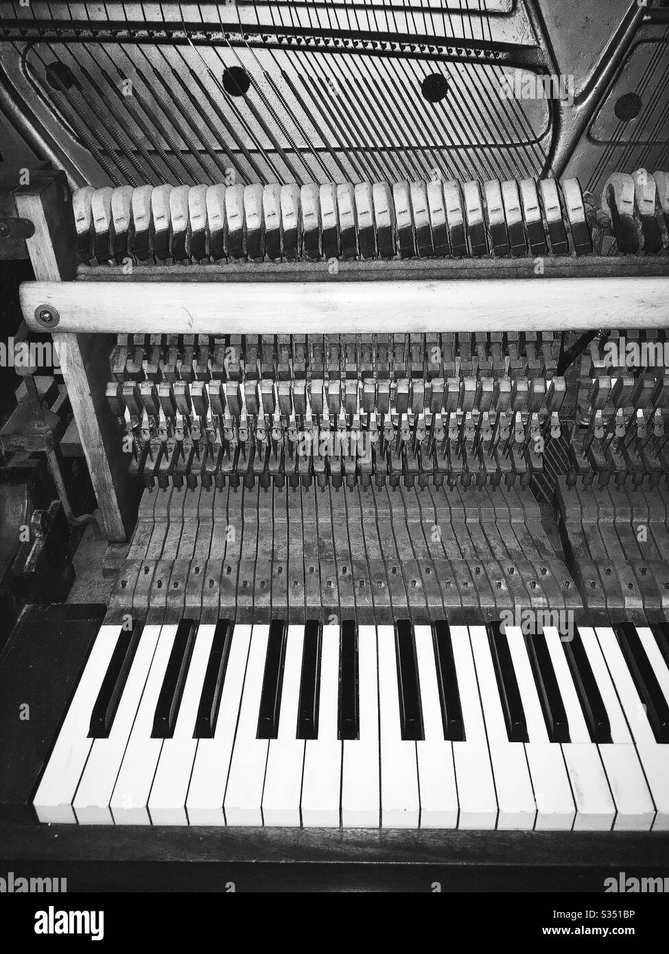 Photo en noir et blanc de l'intérieur d'un piano, montrant des marteaux, des feutres, des cordes, des chevilles de réglage et un clavier Banque D'Images