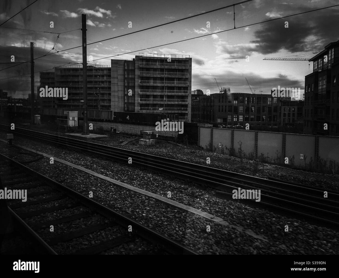 Sombre Manchester depuis un tramway Banque D'Images