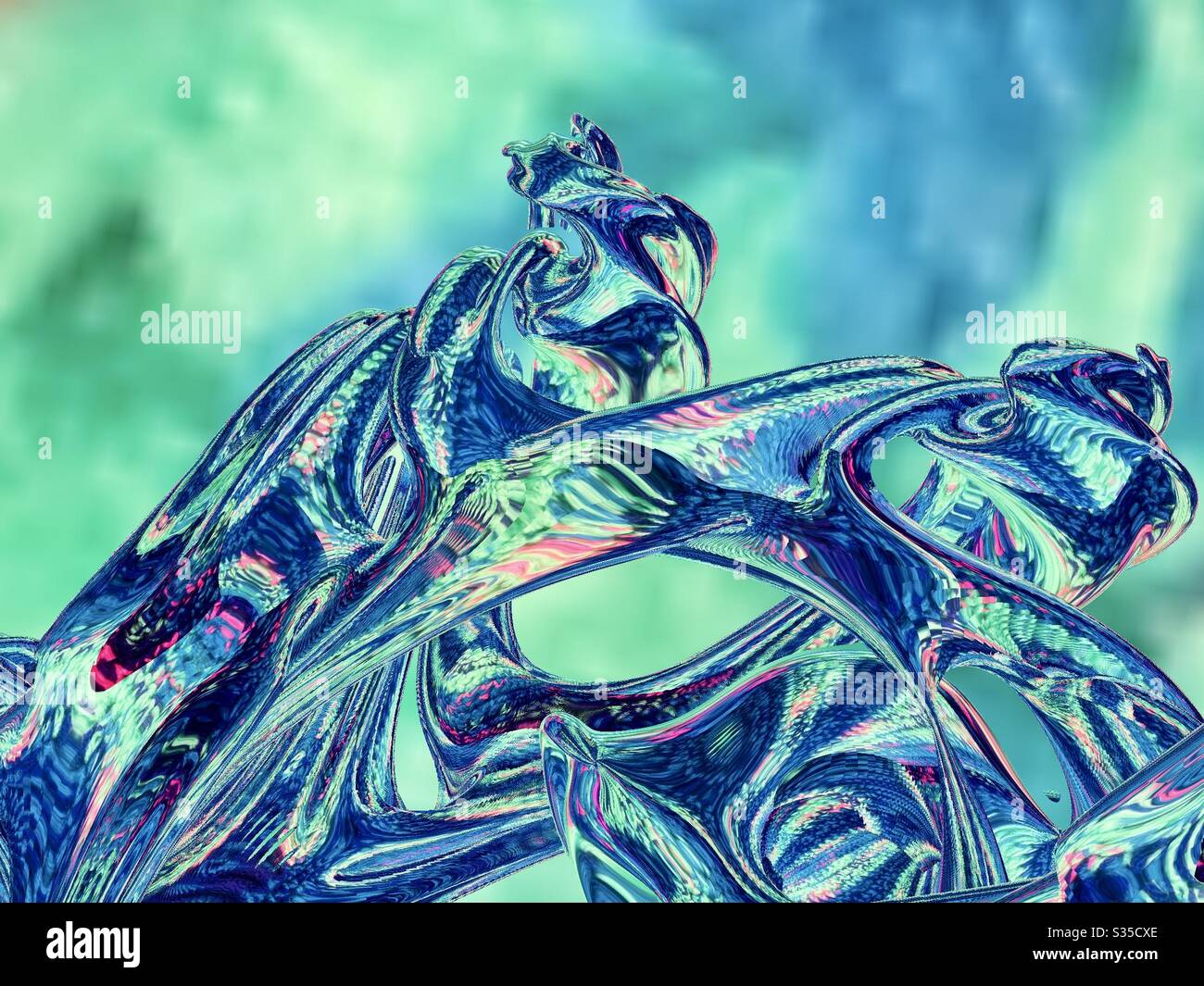 Abstrait, art numérique, art fractal, art tridimensionnel, créé avec photo originale, créativité, créatif, couleurs, vert, bleu, rose, textures, formes, espace de copie, utilisation de fond Banque D'Images
