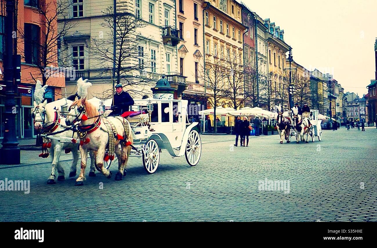 Une calèche blanche de style conte de fées est tirée à travers la place de la vieille ville de Cracovie en Pologne. Les chevaux sont ornés de plumes et de beaux vieux bâtiments sont en arrière-plan. - Image de stock capturée avec un smartphone