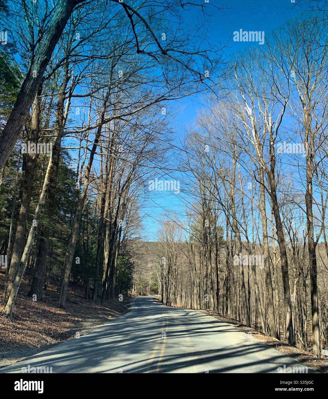 Une route rurale au mois de mars, Nouvelle-Angleterre, États-Unis - Image de stock capturée avec un smartphone