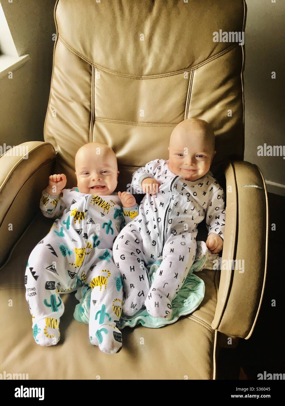 Lits jumeaux souriants dans un fauteuil à bascule Banque D'Images