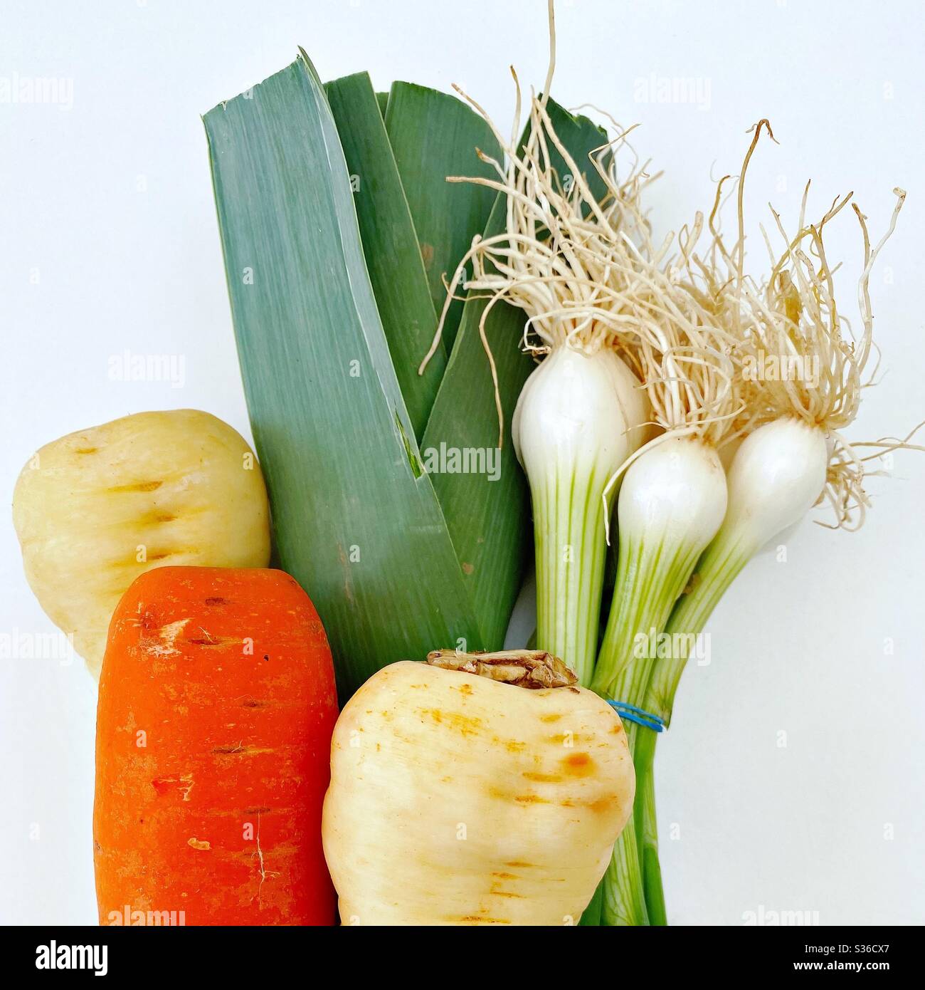 Les produits frais du marché agricole sont isolés sur fond blanc. Poireaux, ciboules, carottes, panais. Légumes biologiques. - Image de stock capturée avec un smartphone