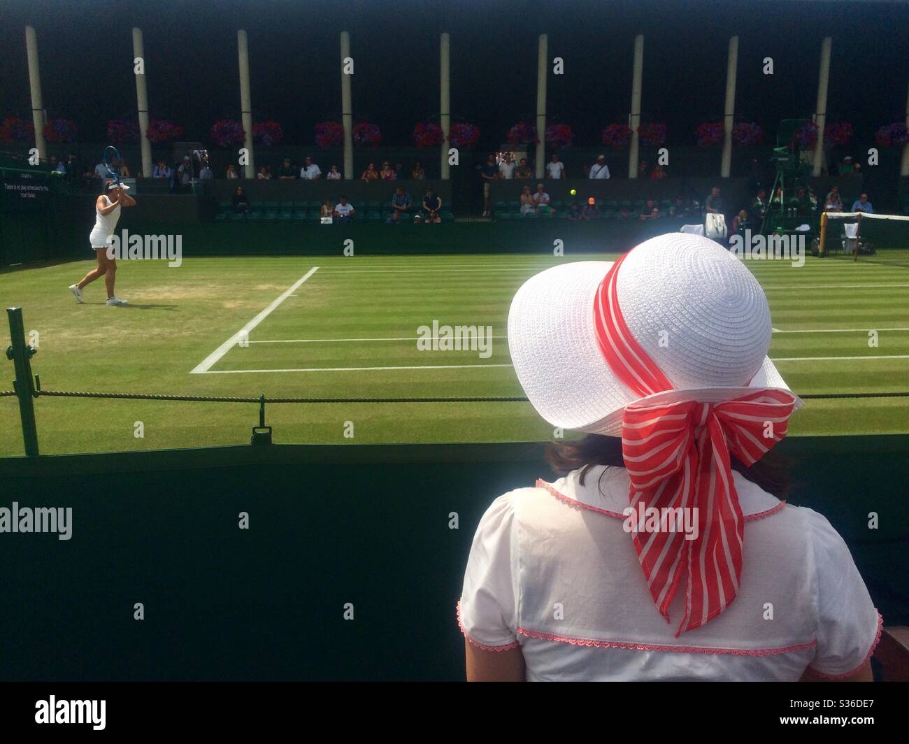 Le spectateur en joli chapeau regarde une joueuse de tennis féminine aux championnats de tennis de Wimbledon Banque D'Images