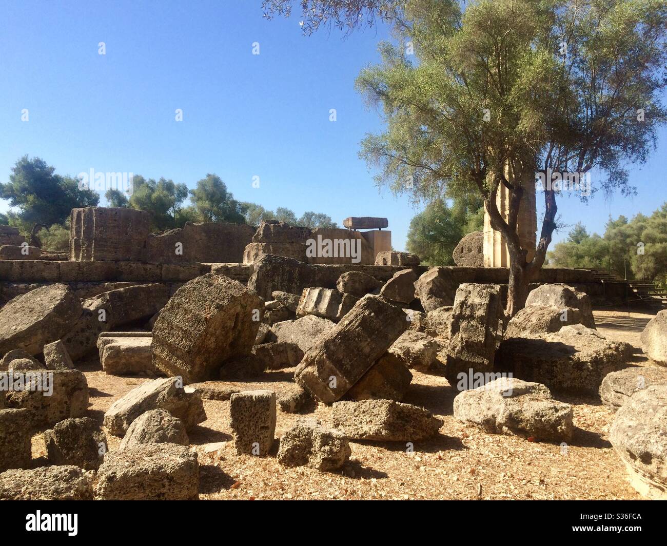 Anciennes structures en pierre du Temple de Zeus à Olympie, Grèce, lieu de naissance des Jeux Olympiques Banque D'Images