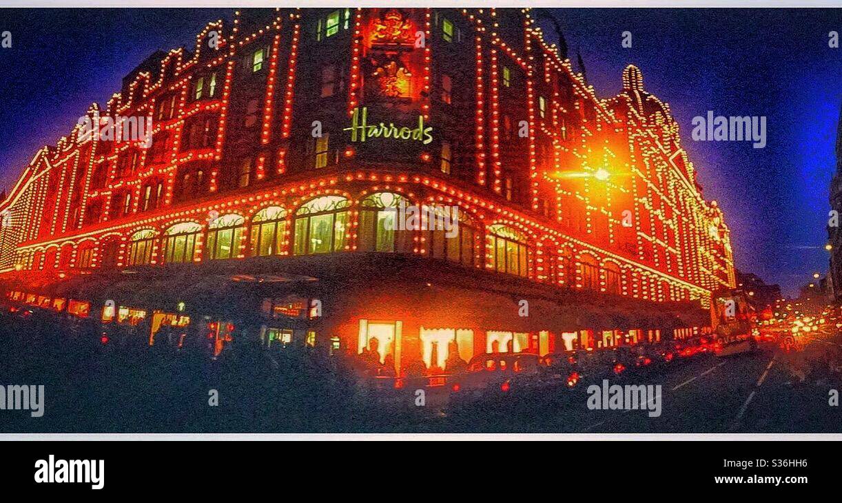 Vue panoramique sur le grand magasin Harrods, Brompton Road, Knightsbridge, Londres. Banque D'Images