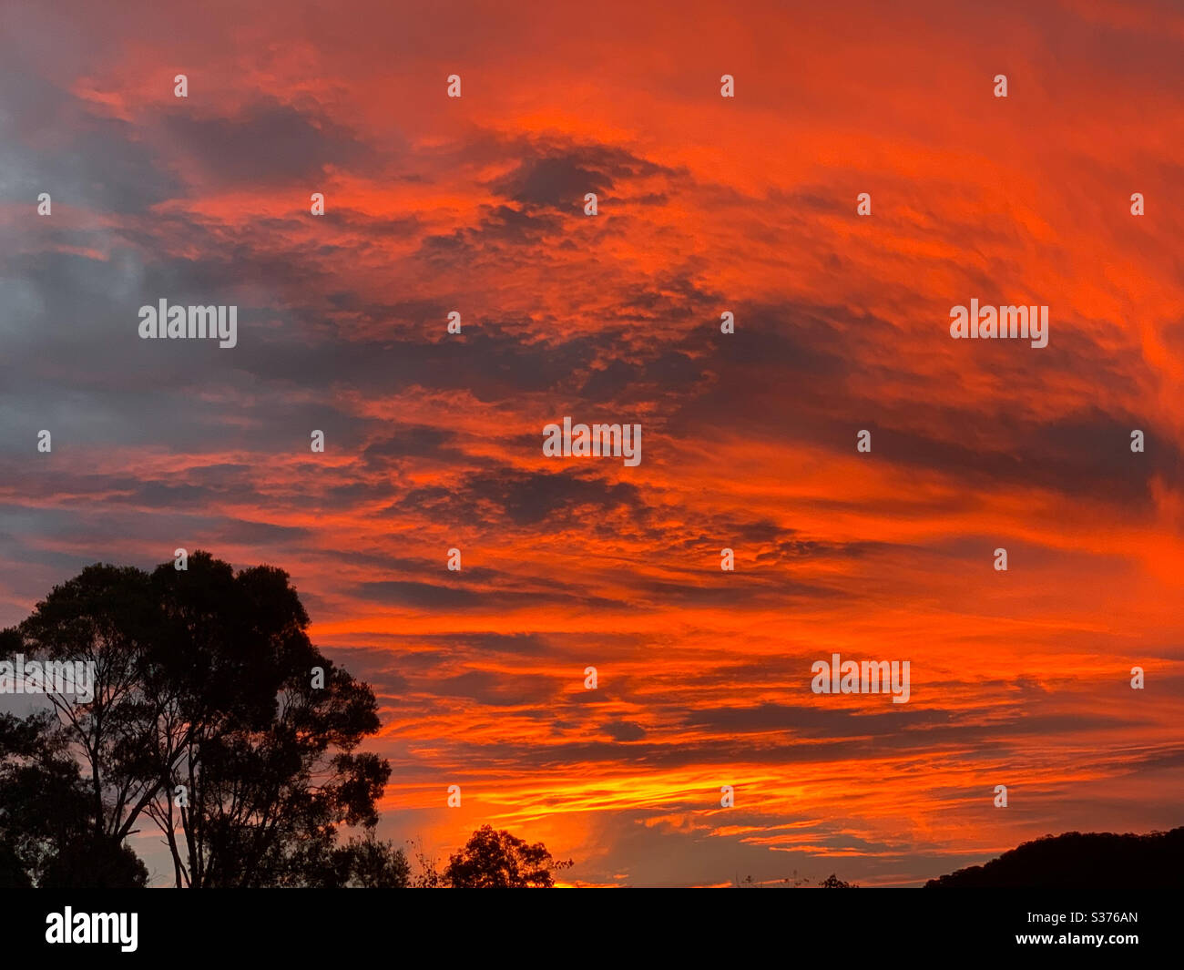 Coucher de soleil spectaculaire et glorieux lors d'une soirée d'hiver avec le ciel qui ressemble à un feu, parsemé d'orange brillant Banque D'Images
