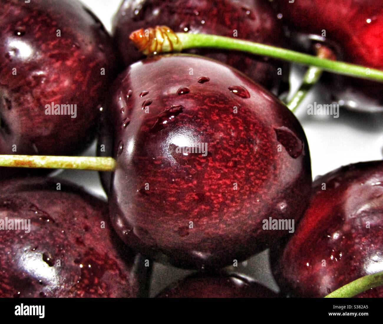 Macro Photographie - Cherries avec des gouttelettes d'eau Banque D'Images